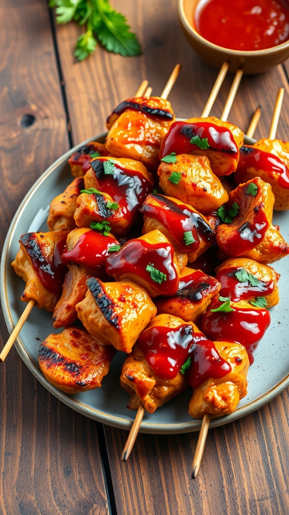 Grilled barbecue chicken skewers on a plate with dipping sauce and herbs.